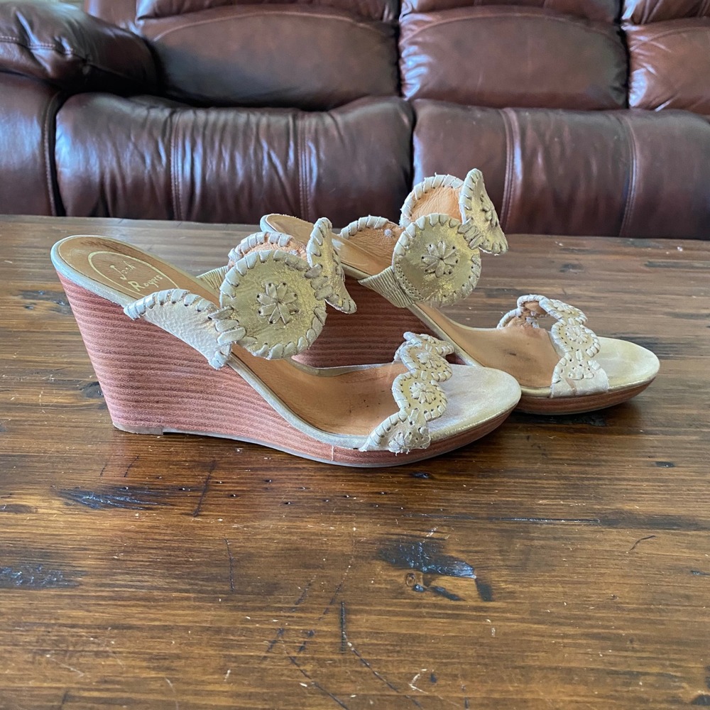 Jack Rogers Luccia Metallic Gold Leather Whipstitch Wedge Sandals Size 8.5M